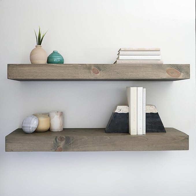 Modern Floating Shelves 3 Inches Thick for Wall, Wide Shelves for Kitchen, Living Room, Bedroom, and Bathroom, Natural Pine Wood, Rustic Wooden Shelf, (Set of 2) (Aged Barrel, 36Lx3Hx8D)