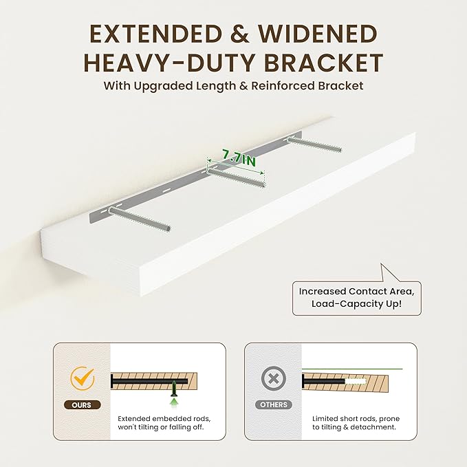 White Floating Shelves for Wall - 72 Inch Wide x 12 Inch Deep Wall Shelves Set of 1 - Rustic White Wood Shelves for Living Room, Bathroom, Laundry Room, Bedroom, Kitchen, Home Office