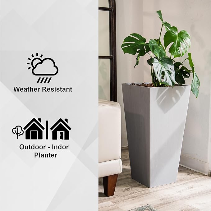XBrand Modern 30-Inch Tall Square Planter, Tapered, Perfect for Indoor & Outdoor, Patio Decor, Set of 2, Gray