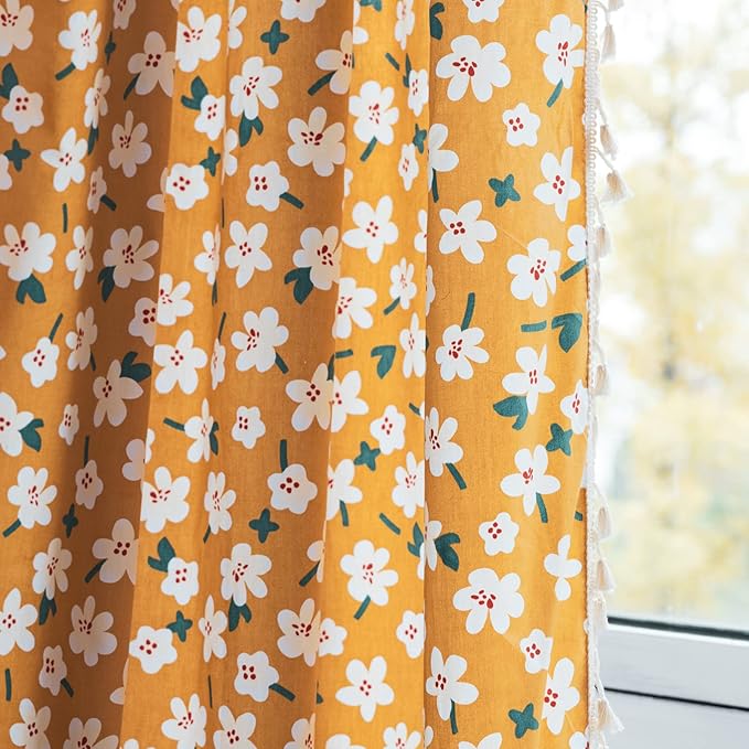 Sutuo Home Boho Curtain Semi-Blackout Yellow Florals Print Cotton Linen Fabric, Handmade Tassels Rod Pocket Bohemian Farmhouse Country Window Drapes for Living Bedroom, 59" W x 84" L, 1 Panel