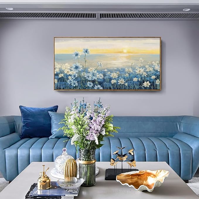 Large Framed Wall Art for Living Room Bedroom Office Decor, Modern Beach Canvas Wall Art Coastal Ocean Nature Blue Artwork Floral Sunrise/Sunset Zen Landscape Flower Wall Picture 48x24“
