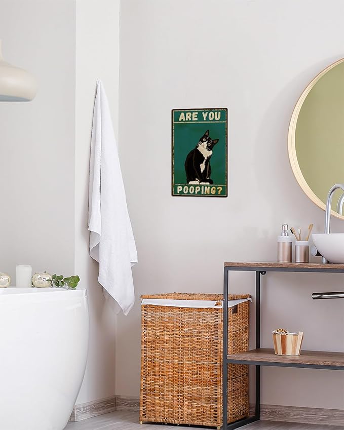ALKB Bathroom Sign Tuxedo Cat Wall Decor Funny Metal Sign 8x12 Inch - Are You Pooping - Wall of Glory Decor Black Cat Sign