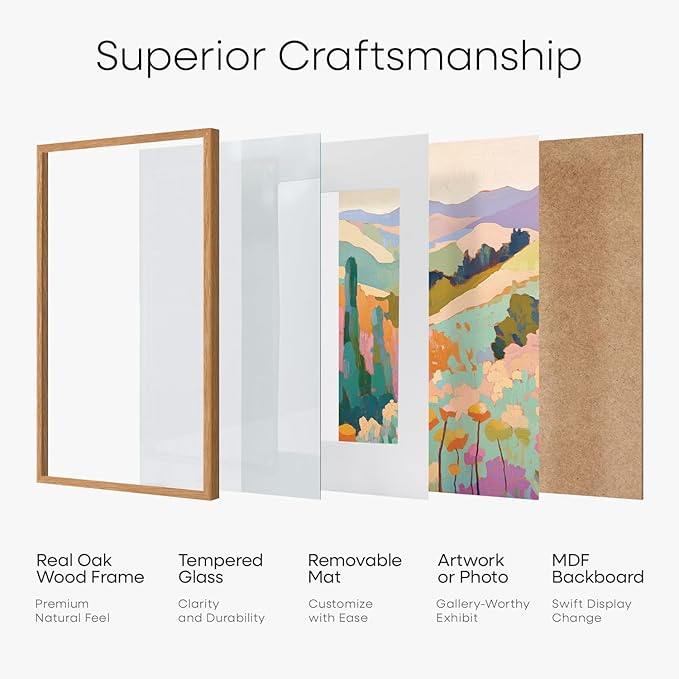 Homeforia A2 Picture Frame Natural Wood, High End Oak 16.5 x 23.4 Wooden Poster Frames Matted to 11.7 by 16.5 Photo, A2 Size Light Wood Frames with Mat A3 for Print, Tempered Glass, Wall Kit, Set of 1