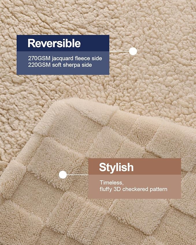 Pawque Super Soft Cozy Throw Blanket Twin Size for Couch Bed, Fluffy Sherpa Fleece Reversible Thick Warm Fuzzy Blanket for All-Season, 3D Checkered Jacquard Decorative Blankets, Khaki, 60" x 80"
