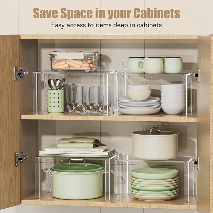 Clear Cabinet Organizer: Acrylic Shelf Riser Set of 4 for Kitchen Pantry Organizers and Storage - Countertop Spice Rack for Cabinet - Stackable Display Shelf Decor for Gift