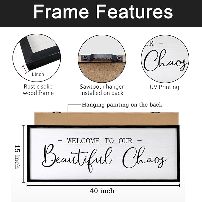 Welcome to Beautiful Chaos Framed Wall Art, 40''×15'' Rustic Horizontal Beautiful Chaos Plaque with Black Frame for Entryway Living Room, Farmhouse Long Welcome to our Chaos Wood Sign Wall Decor