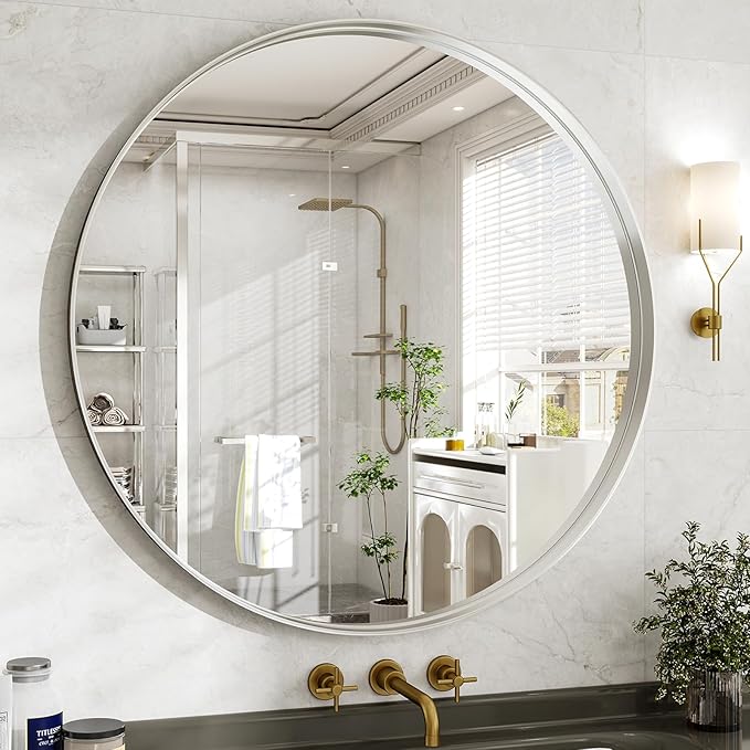 36 Inch Round Bathroom Mirror - Wall Mounted Circle Mirror with Metal Frame, Modern Mirror Suitable for Bathroom, Vanity, Entryway, Living Room, Wall Decor,Silver