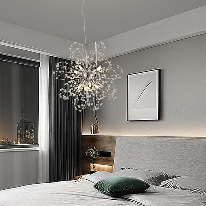 Modern Small Chandeliers, Sputnik Sunflower Crystal Beaded Hanging Lamps, Round Chrome Dandelion Pendant Light for Kitchen Island Bathroom Bedroom Entryway (Chrome 8Lights)