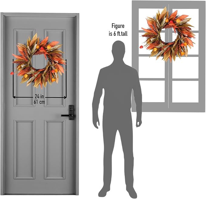 Fall Corn Husk & Berry Door Wreath for Front Door 24 Inch, Festive & Rustic Farmhouse Autumn Harvest Wreath, Fall Decor for Home Door Wall Porch Window, Orange/Yellow/Brown