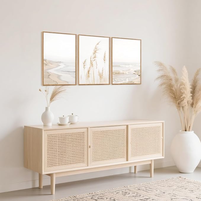 HPNIUB Modern Beach Artwork Seascape Wall Art, Seaside Framed Painting Reed Pathway Picture, Minimalist Neutral Coastal Landscape Wall Decor for Living Room,Bathroom -24'' x36'' x3