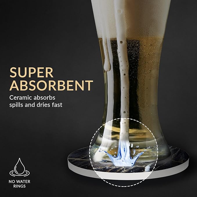 Emerson Coasters for Drinks Absorbent – Natural Stone Drink Coasters Set with Holder, Coasters for Coffee Table, Wooden Tabletop Protection Marble Style – 100% Heavy Duty Set of 6 (Thunder)