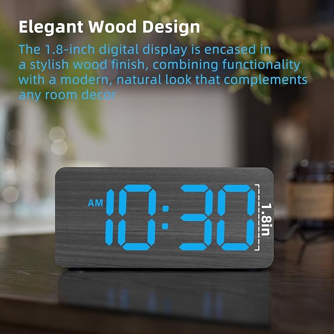 uscce Wooden Digital Alarm Clocks for Bedrooms: Dimmable Dual Alarm Clock with Large Numbers for Bedside Desk - Loud Alarm for Heavy Sleepers with Volume Control - Wood Decor & Gifts
