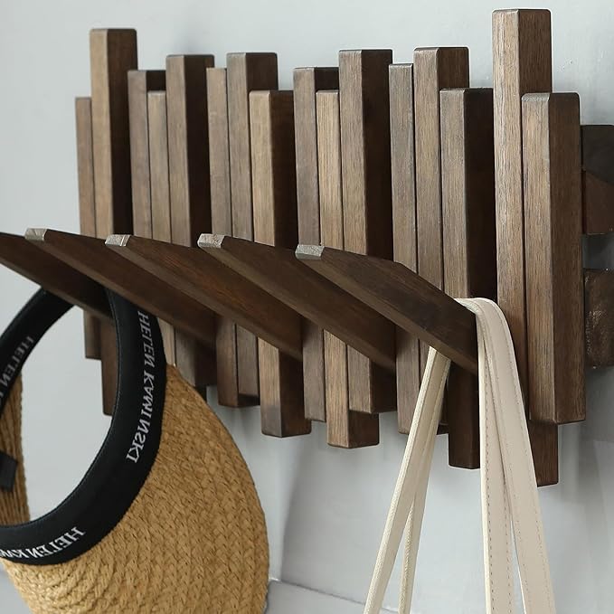 Wall Mounted Piano Coat Rack| Coat Rack Wall Mount| Flip Down Hook Rack 5 Hooks| Entryway Wall Art Hook,Made of Acacia Wood (Wood Wax Oil Dyed Walnut Color).Wall Art