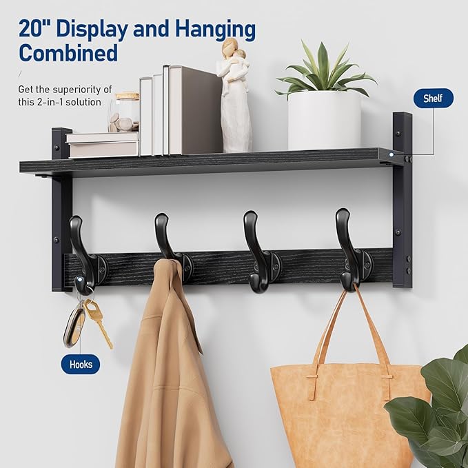 Tatub 20" Rustic Coat Rack Wall Mount with Shelf, Wall Hooks with Shelf, Heavy Duty Entryway Organizer Hangers for Hanging, Hat, Bag, Jacket for Bathroom, Living Room, Bedroom, Black