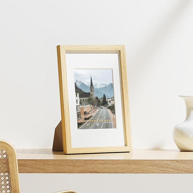 Vittanly 8x12 Picture Frames Set of 9, Shatter Resistant Plexiglass, Display 6x8 Pictures with Mat or 8x12 without Mat, Photo Frames for Wall or Tabletop, Engineered Wood, OAK