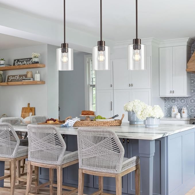 Oil Rubbed Bronze Pendant Lights Kitchen Island - Clear Glass Pendant Light Fixture Multiple Stems Rods 3 Units 12 Inch 3 Units 4 Inch (3 Pack Oil Rubbed Bronze Downrod)