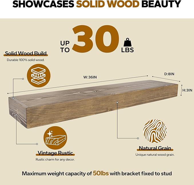 Floating Shelves 3 inch Thick for Wall Set of 2,Solid Pine Wood Wall Mount Shelf for Kitchen Living Room Bedroom Bathroom,8" D x 36" L x 3" H-Black Walnut