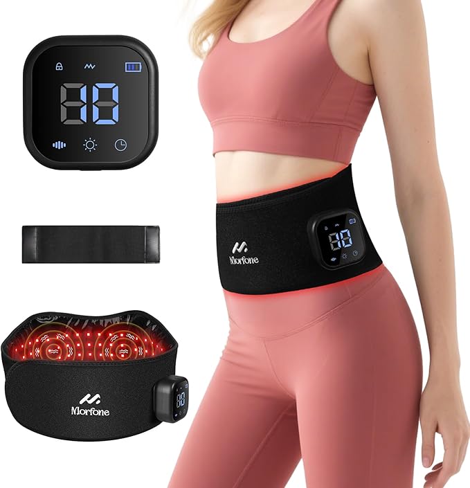 Morfone Red Light Therapy Belt, Cordless Infrared Light Therapy Pad for Body Heating Vibration Rechargeable Waist Wrap with Controller/Timer, 660nm&850nm, for Back Shoulder Muscle Pain Relief