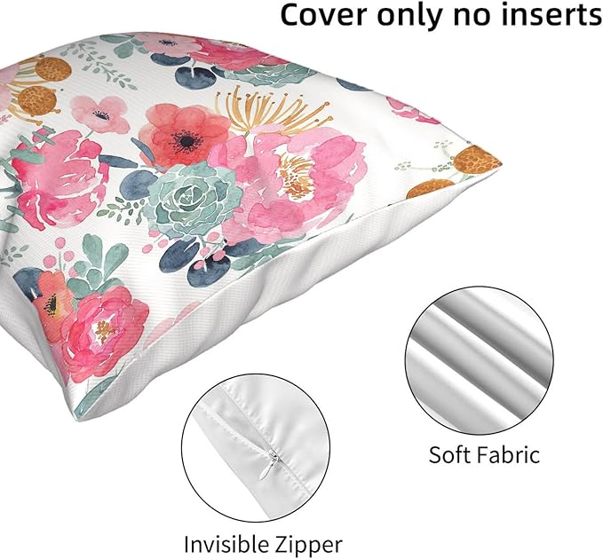 CXMEIFLY Spring Floral Pillow Covers 22 x 22 Inch Set of 2 for Watercolor Pink Flowers Decor Throw Pillows Green Leaves Plant Outdoor Decorative Cushion Cases with Zipper for Couch Bed Decorations