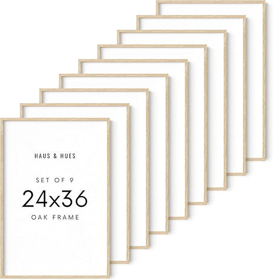 HAUS AND HUES Square Picture Frames 24 x 36 Set of 9 - Photo Gallery Wall Frame Set, Wood 24x36 Frames, 24 x 36 Frames Gallery Wall Set, 24x36 Frame with Mat, Square Frames 24x36 (Beige Oak Frames)