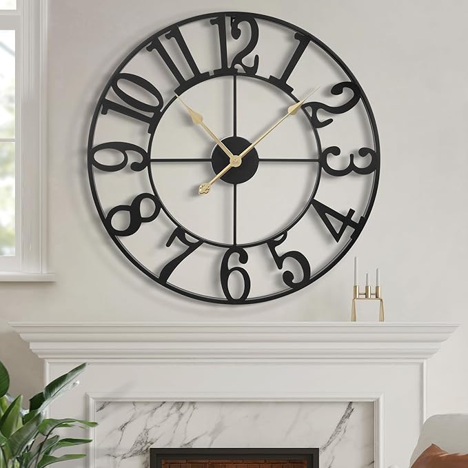 LEIKE Large Wall Clock, 18.5" Silent Non-Ticking, Battery Operated, Oversized, Decorative Retro Black Metal Clock for Living Room,Farmhouse, Dinner Room,Indoor, Outdoor(47cm, Black Arabic Number)