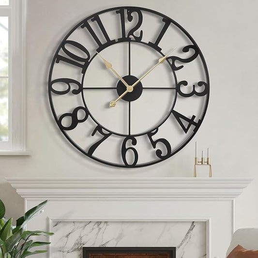 LEIKE Large Wall Clock, 24" Silent Non-Ticking, Battery Operated, Oversized, Decorative Retro Black Metal Clock for Living Room,Farmhouse, Dinner Room,Indoor, Outdoor Decor(60cm, Black Arabic Number)