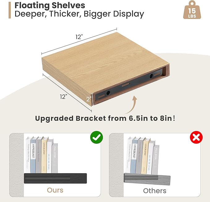 Heimlove 12 Inch Deep Floating Shelves, 12 x 12 inches Long Wall Shelf, Large Extra Display Shelf & Storage Shelf, Rustic Wood Wall Shelves for Fireplace Mantel, Oak - 2Pack