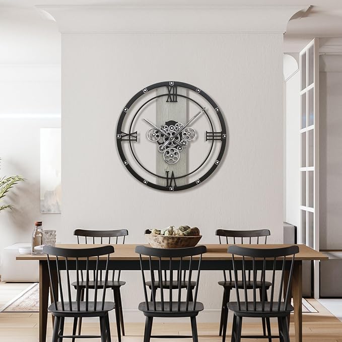 Micasso 24 inch Large Real Moving Gears Wall Clock: Black Industrial Steampunk Roman Numeral Clock - Modern Wall Decor for Living Room/Entryway/Office