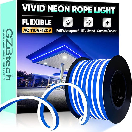 GZBtech Flexible LED Neon Rope Lights 50FT,AC 110-120V Waterproof Strip Light, 120 LEDs/M Cuttable Connectable Neon Lighting for Indoor Outdoor Home Decor/Commercial Building Use-Blue 15M
