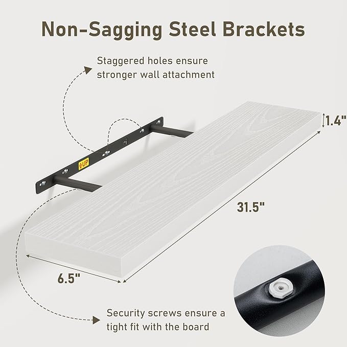 Fun Memories 32 Inch Floating Shelves Wall Shelf Set of 3, White Bathroom Shelves 32 Inch, Farmhouse Home Decor Living Room, Kitchen White Shelves for Wall, 32 x 6.7 x 1.4 Inch