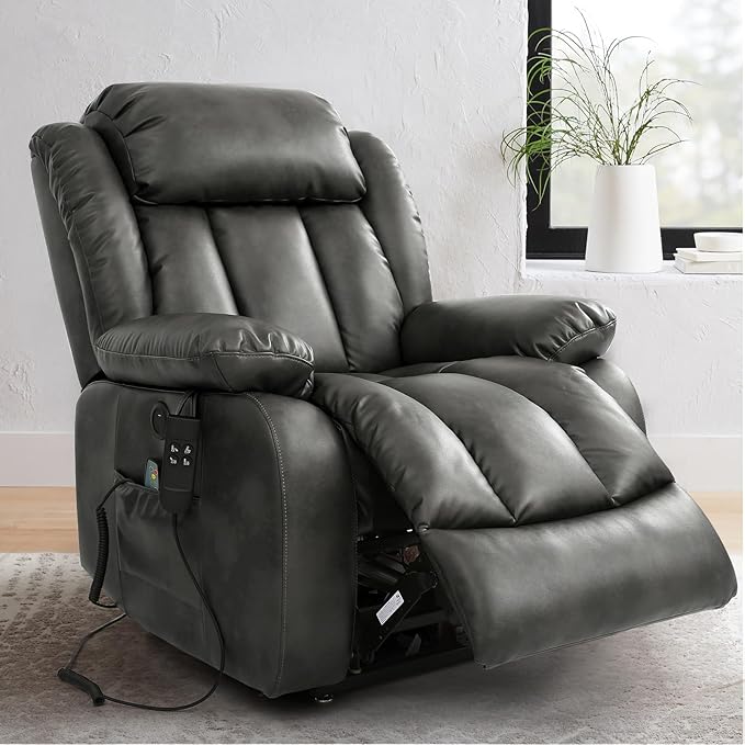 MAEVIS Power Recliner Chair, Lay Flat Sleeping Lift Chairs Recliner for Elderly with Heat and Massage,Comfy Real Breathable Leather Recliners with Dual OKIN Motor for Living Room (Silver Grey)