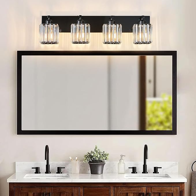 Modern Bathroom Vanity Light 4-Lights Plating Black Crystal Bathroom Wall Light Vanity Light Fixtures