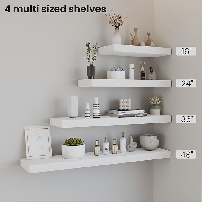 Floating Wood Shelves for Wall 36 Inches x 8”x 1.4” Shelf Floating Home Decor, Heavy Duty Shelf Hold 80 lbs, Wall Shelves for Bathroom Living Room Kitchen Bedroom Office - Set of 2 White