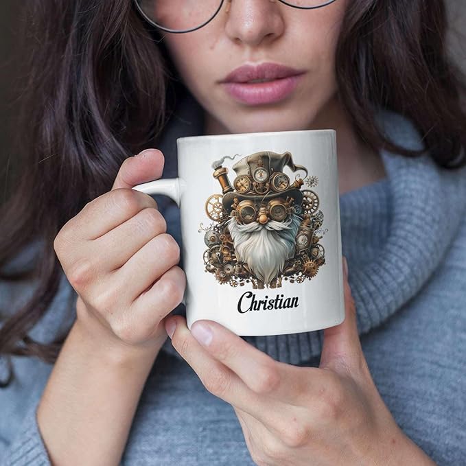 Custom Mechanical Art Mug 15oz, Personalized Steampunk Gnome Coffee Mug, Customized Name Ceramic Cup, Fantasy Enthusiasts Mug, Gnome White Mug With Steampunk Themed, Gift For Men