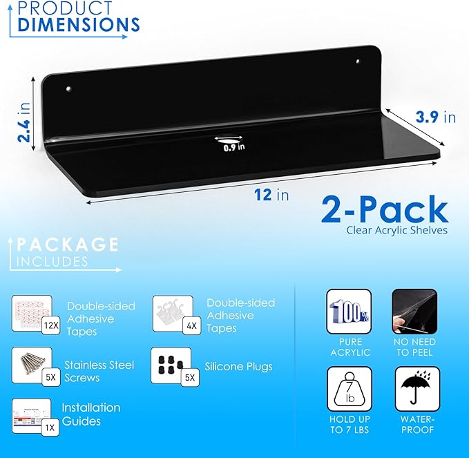 OAPRIRE Black Acrylic Floating Shelves Set of 2 - Damage Free Expand Wall Space - 12 Inch Wall Shelves with Strong Adhesive for Bathroom, Bedroom, etc
