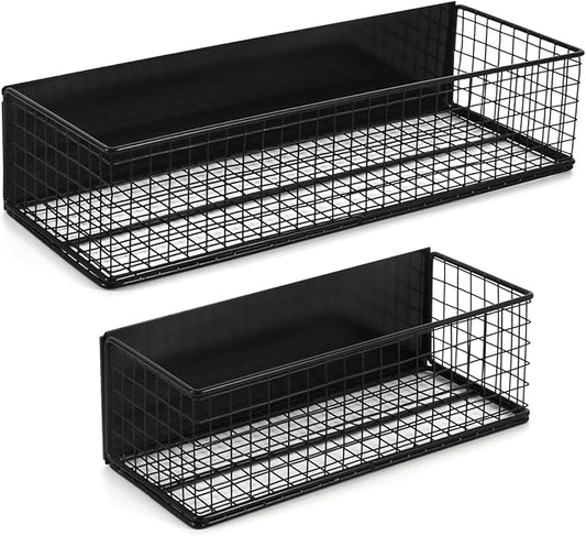 Magnetic Basket, Magnetic Shelf for Fridge,Magnetic Spice Rack Wire Mesh Magnetic Organizer Holder Accessories for Office Kitchen Classroom Storage, Black-High, Large x1&Small x1 Set of 2