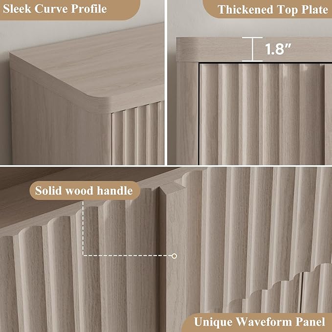 Buffet Cabinet with Storage, 60" Fluted Coffee Bar Cabinet with 4 Drawers & 2 Doors, Solid Wood Handle, Credenza Accent Storage Cabinet for Kitchen Living Dining Room, Natural Oak(1PCS)