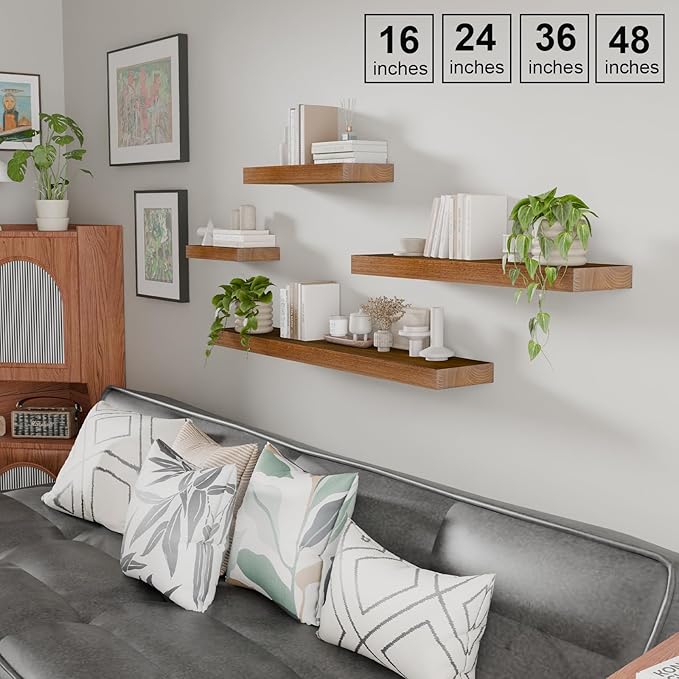 IAE Walnut Floating Wall Shelves 24 inch, Bathroom Shelves Wall Mounted,Invisible Shelves Floating Kitchen Shelves,Wooden Wall Shelves with Brackets for Living Room Wall Mounted,Easy Install,Set of 2