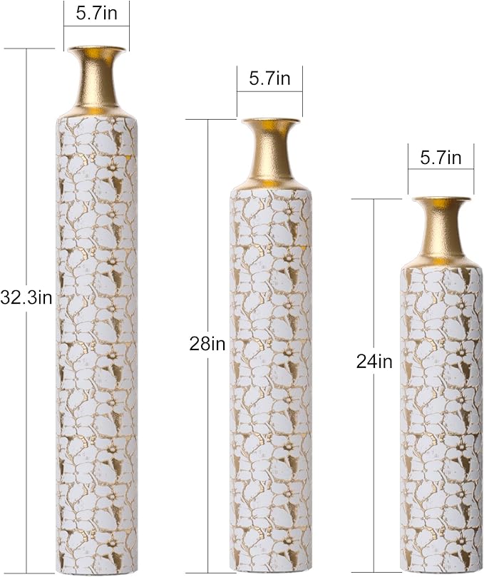 Medhansh Metal Floor Vase, Tall Floor Vase with Gold Twig Pattern, Antique White Finish (Set of 3)