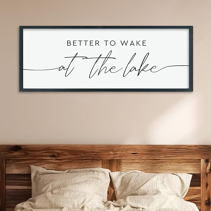 LuZhiQiang Better To Wake At The Lake Above Bed Wall Decor 40"×15" for Lake House Bedroom Over Bed Sign Wood Framed Large Wall Hanging Art (Black)
