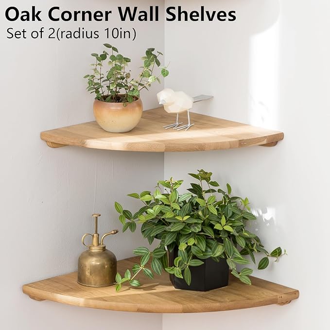 Corner Shelves, Floating Corner Shelf, Set of 2 10inch Solid Oak Wood Corner Wall Shelves, Round End Wall Mount Display Shelf with Wire Hole for Bedroom Kitchen, Living Room