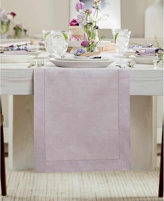 Solino Home Linen Lilac Table Runner 132 Inches Long - 100% Pure Linen Extra Long Table Runner 14 x 132 Inch - Classic Hemstitch