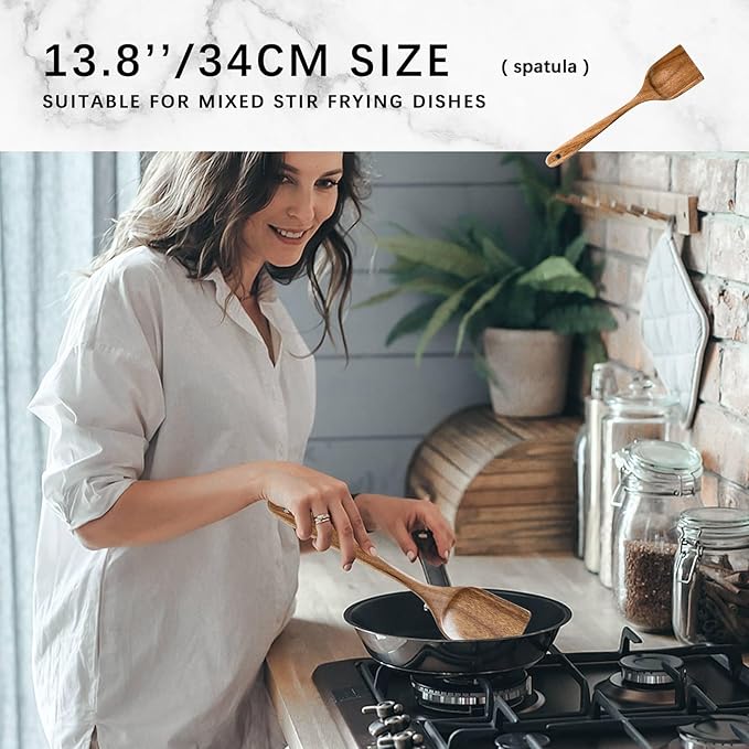 Wooden Spoons for Cooking, Nonstick Cooking Utensil Set with 4 Piece Acacia Wooden Spatulas and Spoons for Cooking, Terrific for Everyday Kitchen Tasks