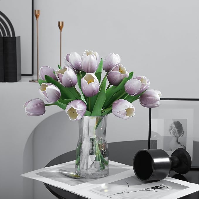 Light Purple Artificial Tulips, 2 Bundles 14Pcs, Fake Tulips Artificial Flowers, 2 x 2.4 Inch Large Flower Head Big Tulip, Easter Valentine's Day Mother's Day Home Decoration Flowers