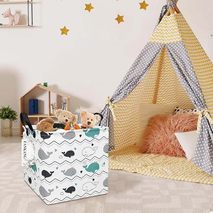 FANKANG Square Nursery Hamper Storage Bins Canvas Laundry Basket Foldable with Waterproof PE Coating Storage Baskets Gift Baskets for Children, Office, Bedroom, Clothes（Square-whales ）