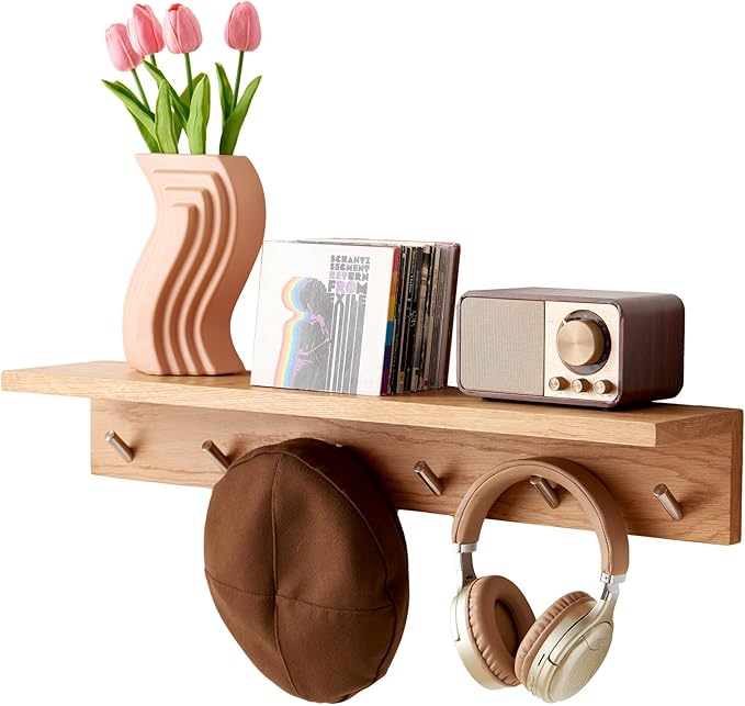 Oak Wood Wall Shelf with 6 Hooks, Entryway Shelf Coat Rack with Hooks Floating Shelves with Hooks for Clothes Hats Towel Purse Robes, Bathroom Mudroom Bedroom (27.5 inch)
