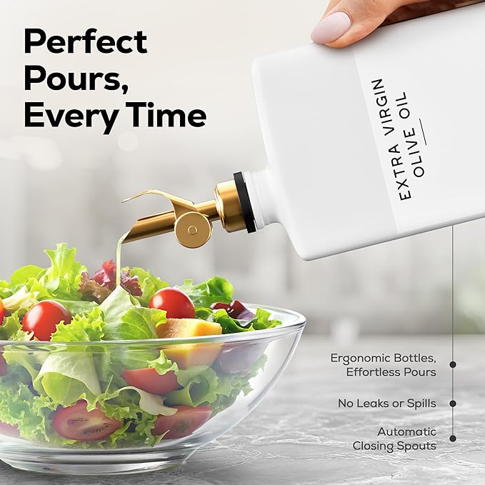 White Glass Olive Oil Dispenser Bottle for Kitchen by Brighter Barns - Avocado Oil Dispenser Set, Vanilla Syrup Bottle - Modern Decor, Gold Kitchen Accessories for Home, Airbnb, Cafe (White, Set of 2)