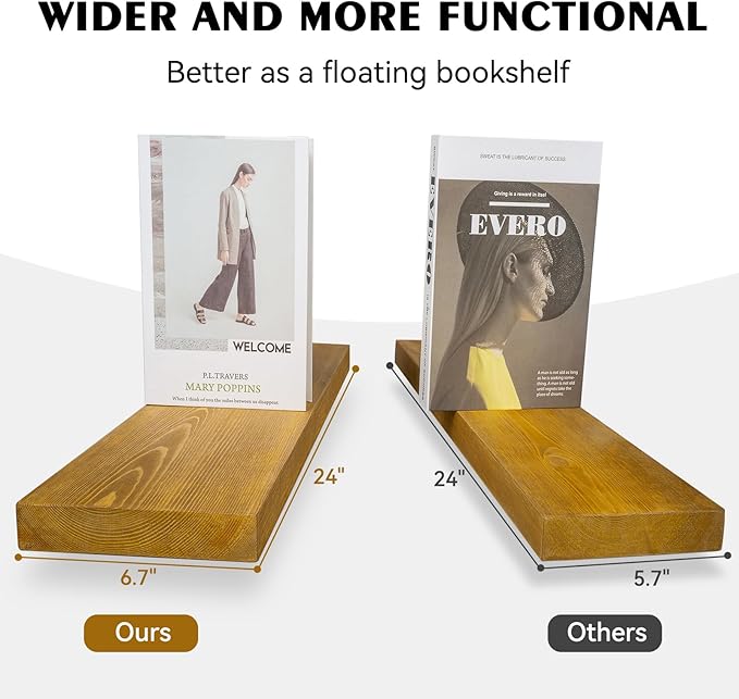 BGMG Wood Floating Shelves for Wall 24 inch Set of 2, Rustic Wooden Wall Mount Shelves for Living Room Bedroom Kitchen Farmhouse-24x6.7x1.25 inch- Gold Oak