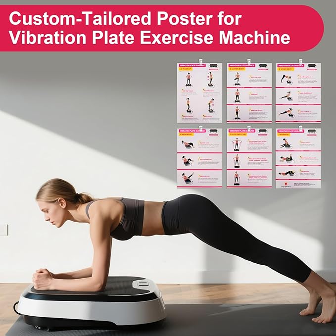 Vibration Plate Exercise Machine Poster - Upgraded 6 Workout Guidance & 10 Pcs Planner & 10 Pcs Double-Sided Clips, Comprehensive Whole Body Wave Vibrating Workout Chart, Pink