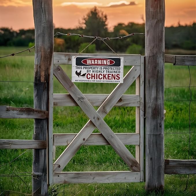 Funny Warning Signs, The Property is Protected By Highly Trained Chicken Sign, Decorative Wood Hanging Wood Plaque, Farmhouse Home Garden Yard Decor, Door Gate Hanger, Chicken Farm Decor